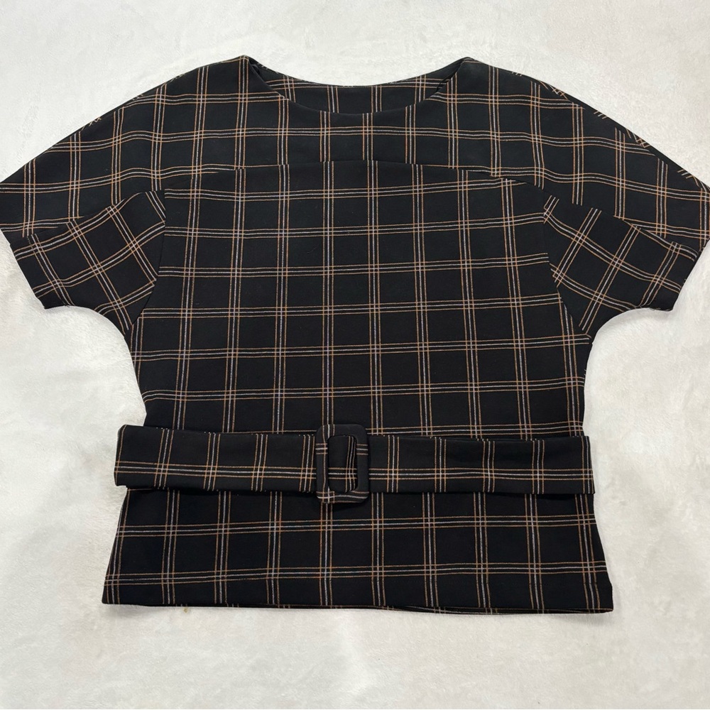 Zara Brown and Black Boxy Short Sleeve Blouse